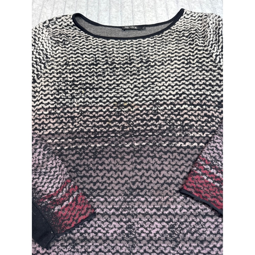 Nic+Zoe‎ Womens XL Ombre Zig Zag Knit Sweater Scoop Neck Mauve Black Red Cotton